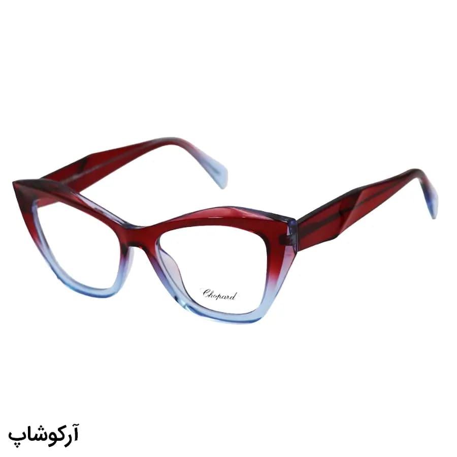 فریم عینک طبی زنانه شوپارد با فریم چشم گربه‌ای، رنگ قرمز و آبی، دسته سیم‌دار و لولا فنری مدل 2197 — تصویر ۴