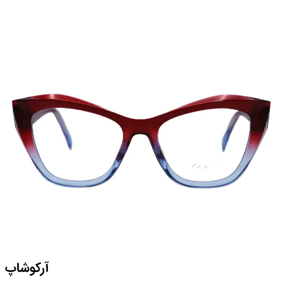 فریم عینک طبی زنانه شوپارد با فریم چشم گربه‌ای، رنگ قرمز و آبی، دسته سیم‌دار و لولا فنری مدل 2197 — تصویر ۳