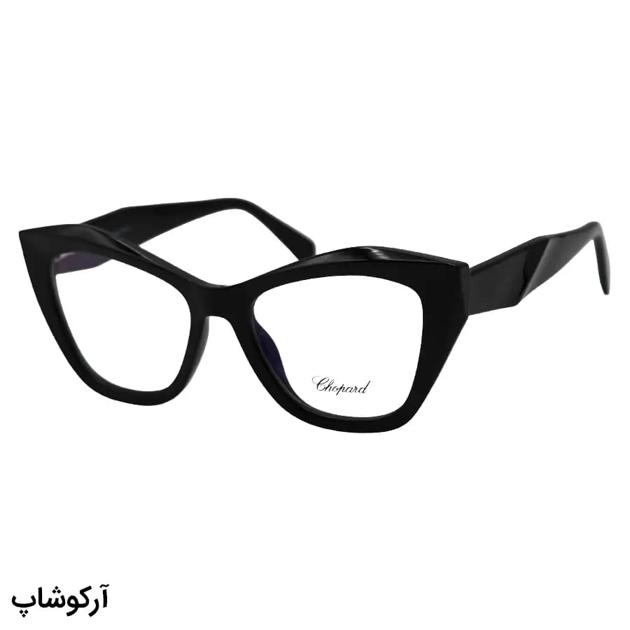 فریم عینک طبی زنانه شوپارد با فریم چشم گربهای، رنگ مشکی براق، دسته سیمدار و لولا فنری مدل 2197