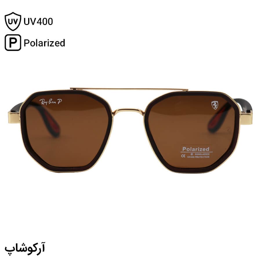 عینک آفتابی ریبن و فراری با فریم قهوه‌ای و طلایی رنگ، شکل چندضلعی و لنز قهوه‌ای تیره و پلاریزه مدل P9009 — تصویر ۳