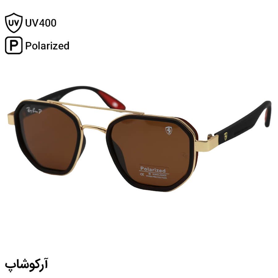 عینک آفتابی ریبن و فراری با فریم قهوه‌ای و طلایی رنگ، شکل چندضلعی و لنز قهوه‌ای تیره و پلاریزه مدل P9009