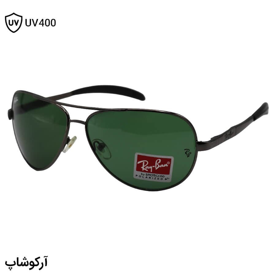 عینک آفتابی ریبن با فریم نوک مدادی، شکل خلبانی، بیس دار، لنز سبز تیره، از جنس شیشه و لولا فنردار مدل RB3329