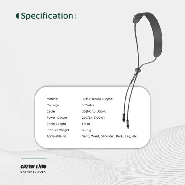 ماساژور گردنی کابلی 100 وات گرین لاین مدل Green Lion 3 in 1 Massager Cable PD 100W GN3N1MSC100BK — تصویر ۵