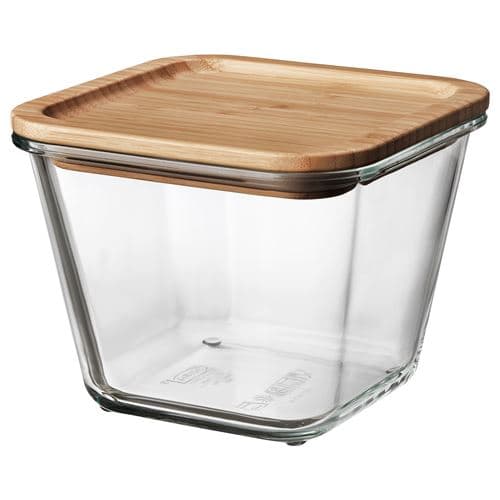 ظرف نگهدارنده غذا آیکیا، مدل IKEA 365+، مربع/ شیشه‌ای/ درب بامبو، 1.2 لیتری