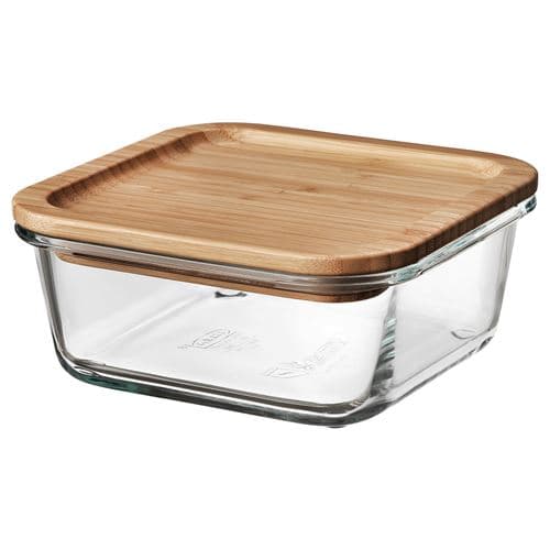 ظرف نگهدارنده غذا آیکیا، مدل IKEA 365+، مربع/ شیشه‌ای/ درب بامبو، 600 ml