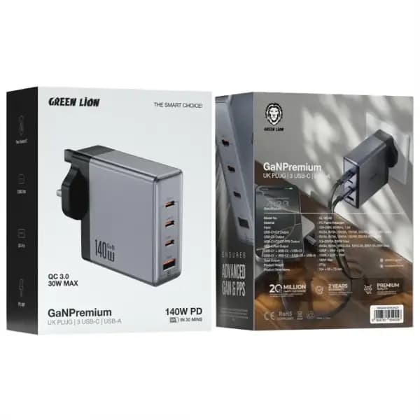 شارژر دیواری 140 وات گرین لاین مدل Green Lion GaN Premium UK Plug Wall Charger 140W — تصویر ۳