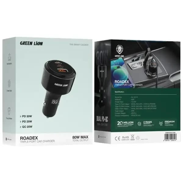 شارژر فندکی 80 وات 3 پورت گرین لاین مدل Green Lion Roadex Triple Port Car Charger — تصویر ۳