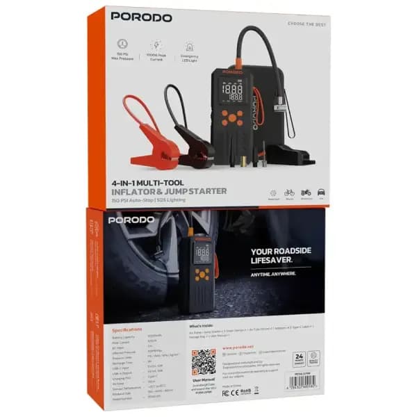 جامپ استارتر، پمپ باد و پاور بانک پرودو مدل Porodo 4-In-1 Inflator & Jump Starter PD15KJSPBK — تصویر ۳