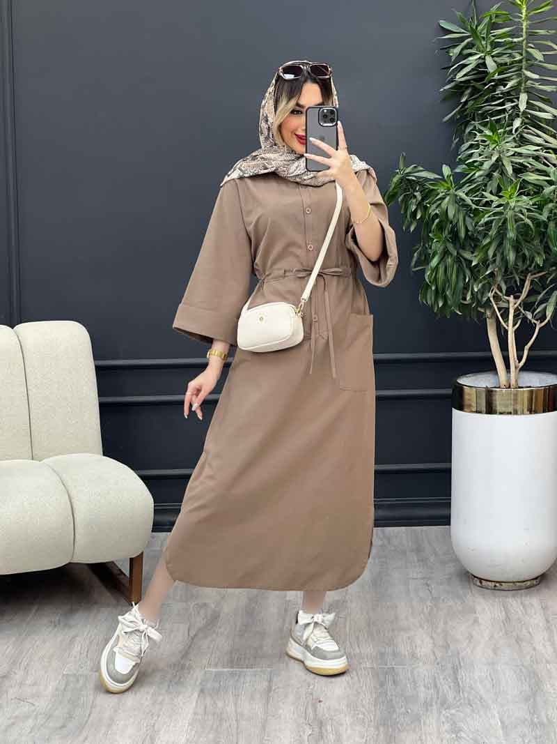 پیراهن بلند کمر گت تک جیب کد 4726 — تصویر ۴