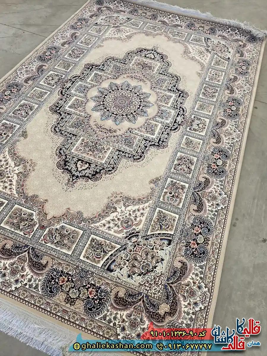 فرش کلاسیک 1200 شانه خشتی طرح حوض نقره رنگ بژ کاشان — تصویر ۲