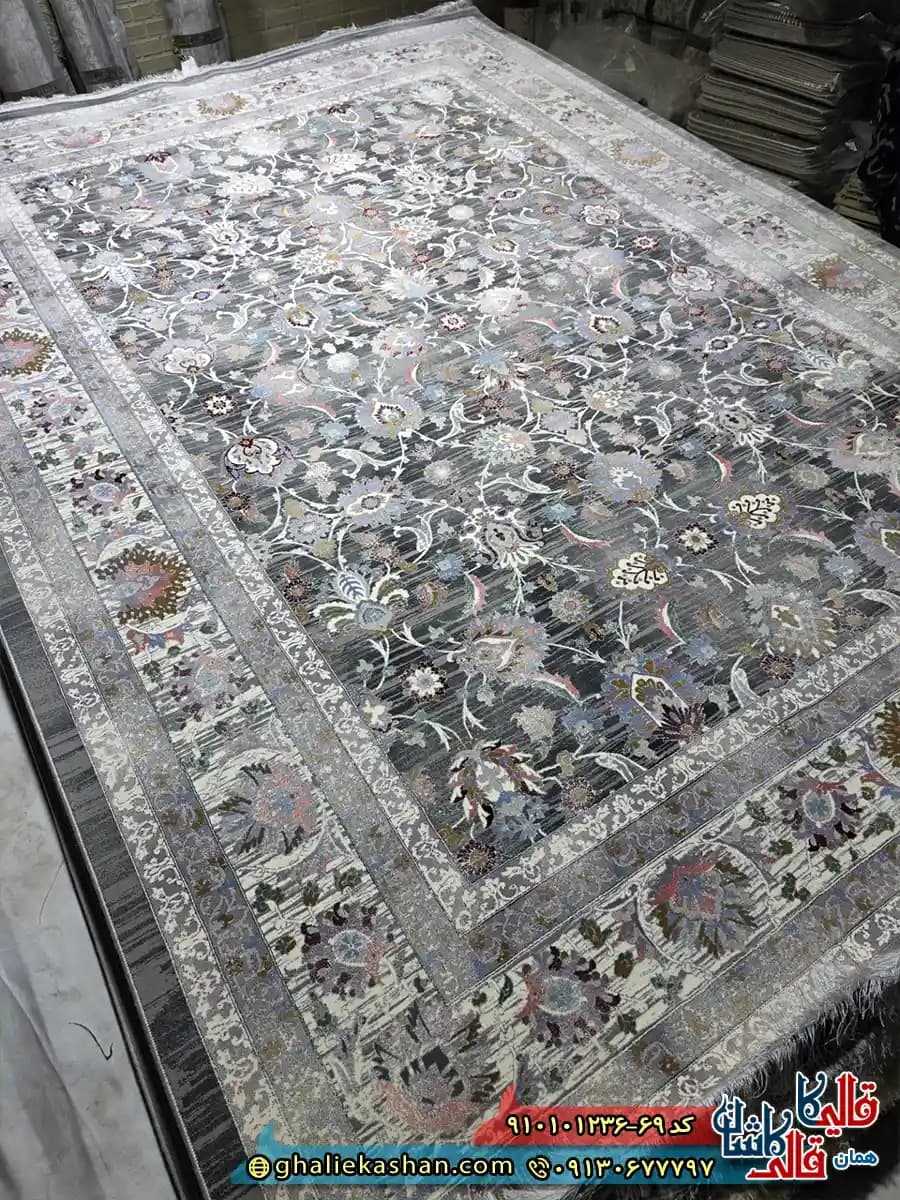 فرش وینتیج 1200 شانه طرح افشان سلطان آباد رنگ طوسی متالیک کاشان — تصویر ۲