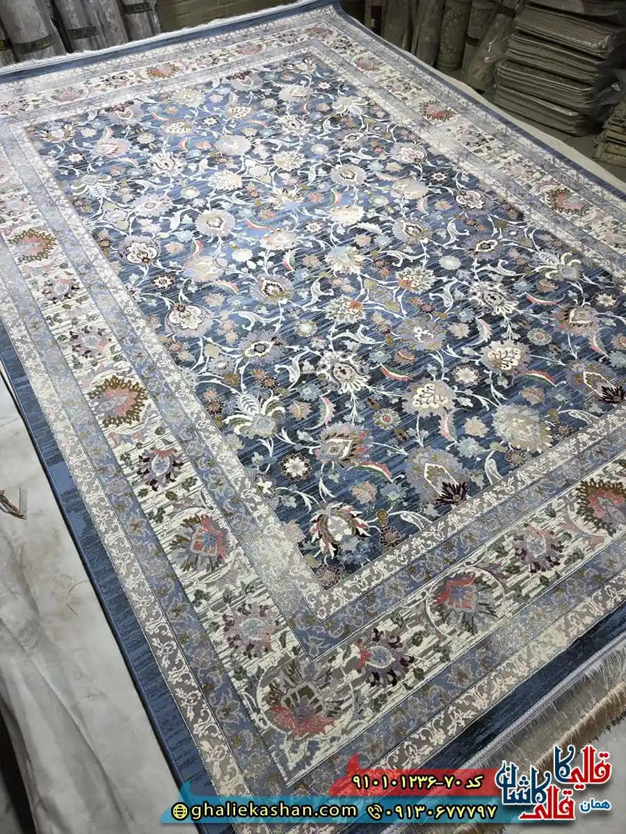 فرش وینتیج 1200 شانه طرح افشان سلطان آباد رنگ آبی کاربنی کاشان — تصویر ۲