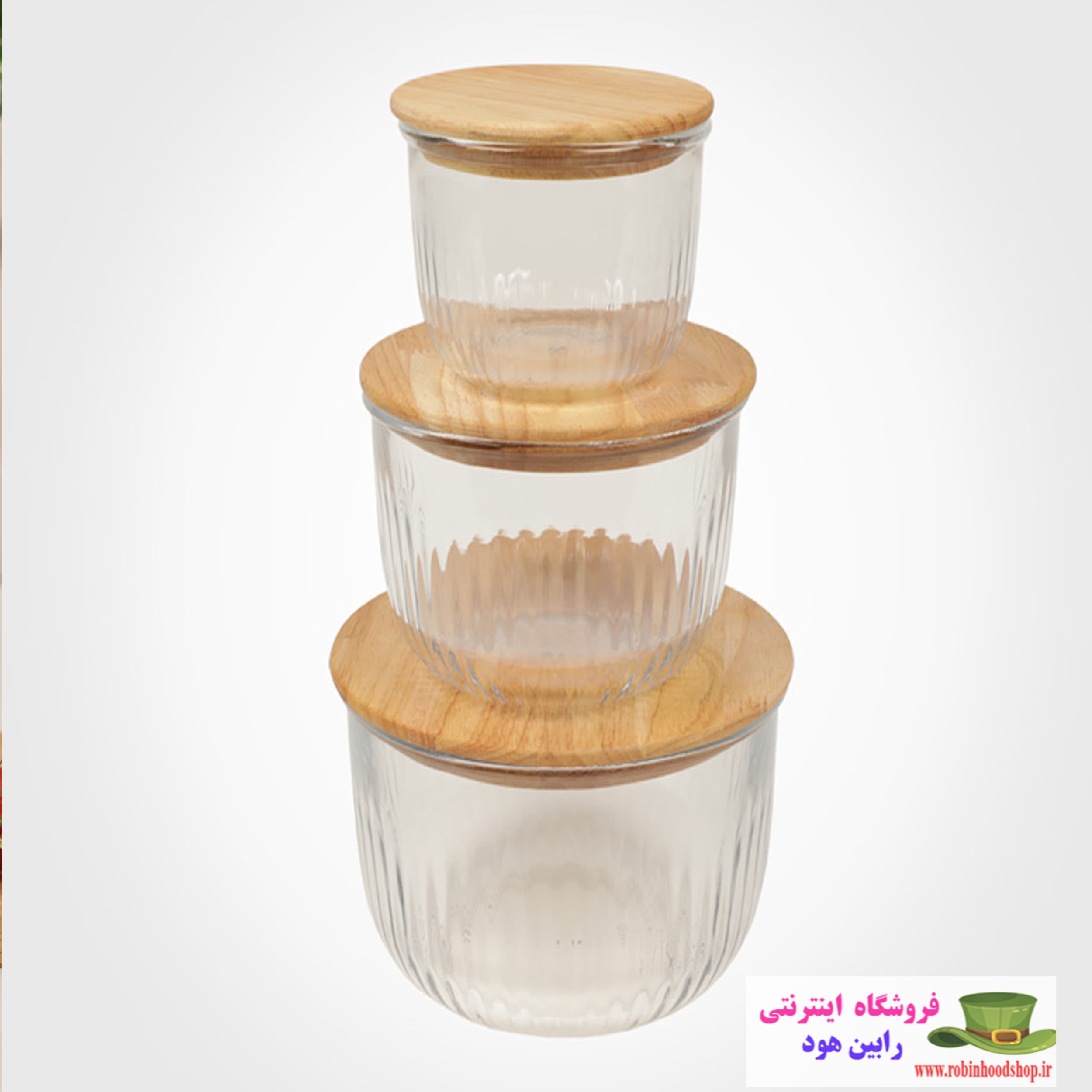 ست ظرف شیشه ای گرد درب چوبی — تصویر ۳