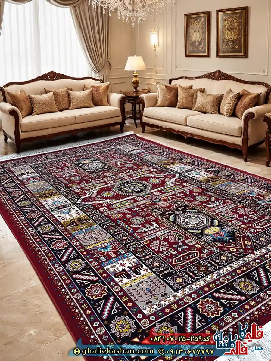 فرش خشتی 700 شانه طرح افشان آیدین رنگ قرمز روناسی کاشان