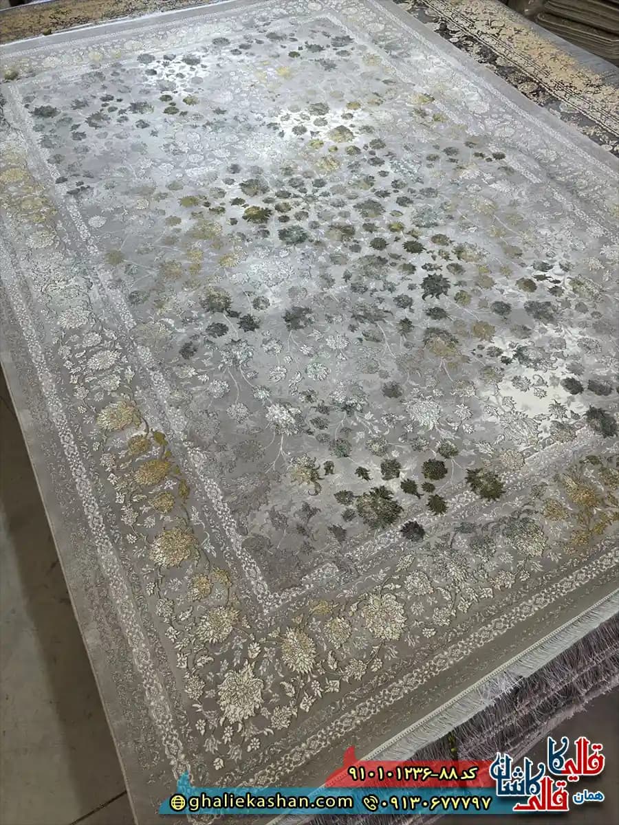 فرش طلاکوب وینتیج 1200 شانه طرح افشان میلان رنگ طوسی فیلی سبز کاشان