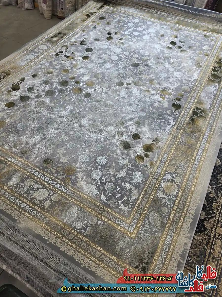 فرش طلاکوب وینتیج 1200 شانه طرح افشان باراد طلا رنگ طوسی فیلی سبز گل برجسته کاشان