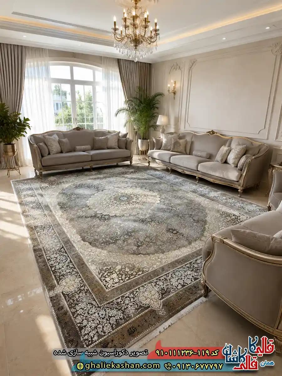فرش طلاکوب 1200 شانه طرح گلسان رنگ قهوه ای نسکافه ای گل برجسته کاشان