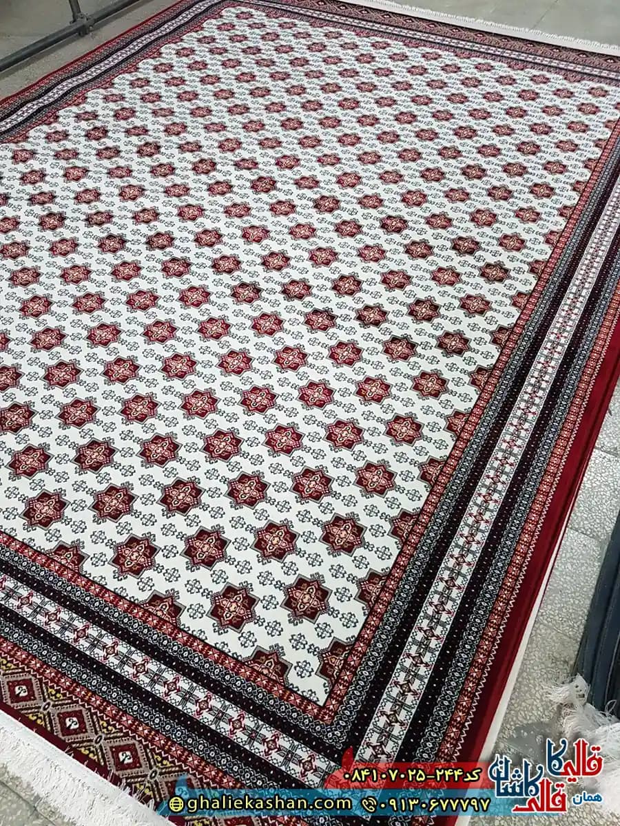 فرش 700 شانه طرح افشان ترکمن رنگ کرم کاشان — تصویر ۳