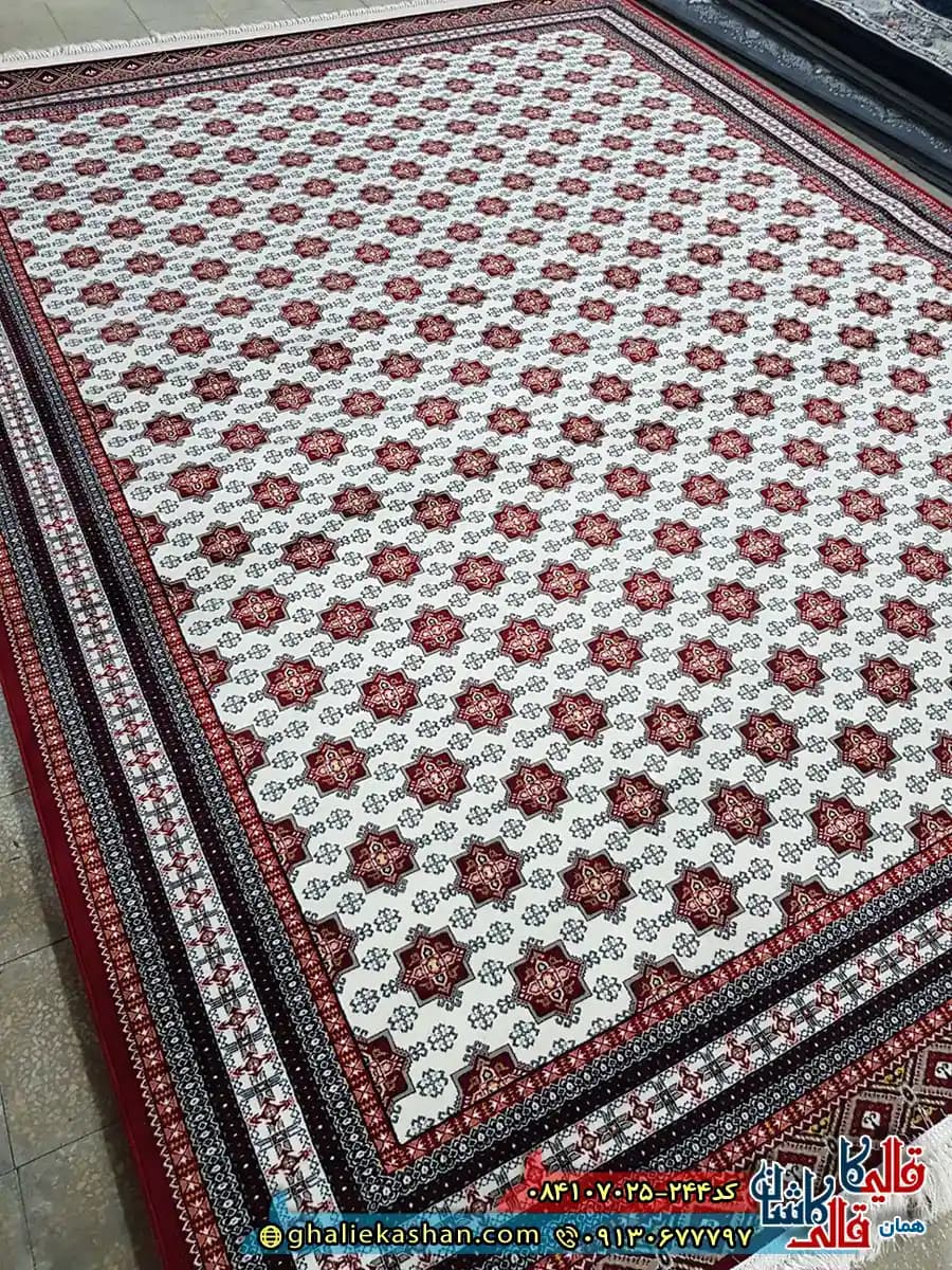 فرش 700 شانه طرح افشان ترکمن رنگ کرم کاشان — تصویر ۴