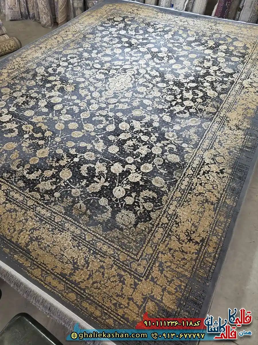 فرش طلاکوب وینتیج 1200 شانه طرح افشان سودا رنگ طوسی دلفینی گل برجسته کاشان