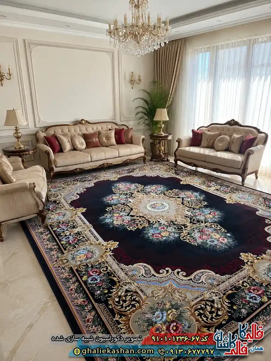 فرش کلاسیک 1200 شانه فرانسوی طرح ملودی رنگ سرمه ای مشکی کاشان