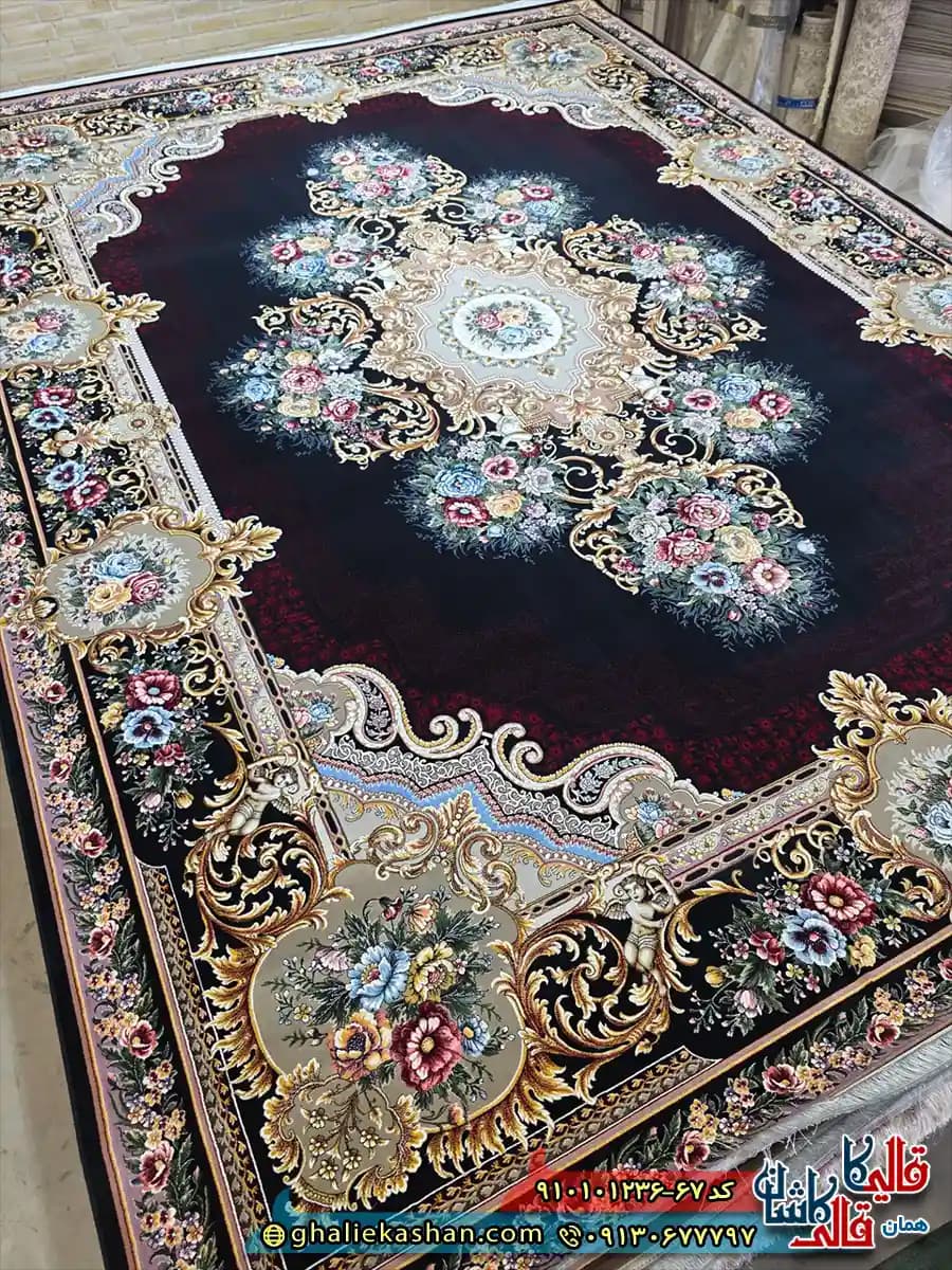 فرش کلاسیک 1200 شانه فرانسوی طرح ملودی رنگ سرمه ای مشکی کاشان — تصویر ۲
