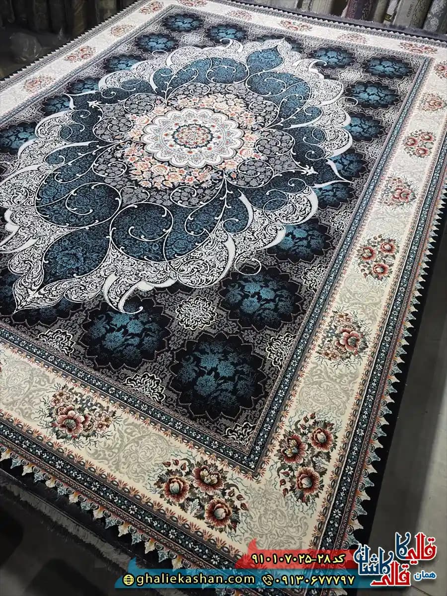 فرش کلاسیک 700 شانه طرح چکاوک رنگ سرمه ای مشکی کاشان