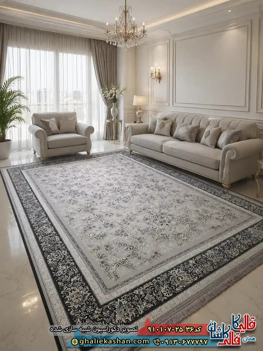 فرش طلاکوب 700 شانه طرح افشان کاخ رنگ طوسی نقره ای کاشان