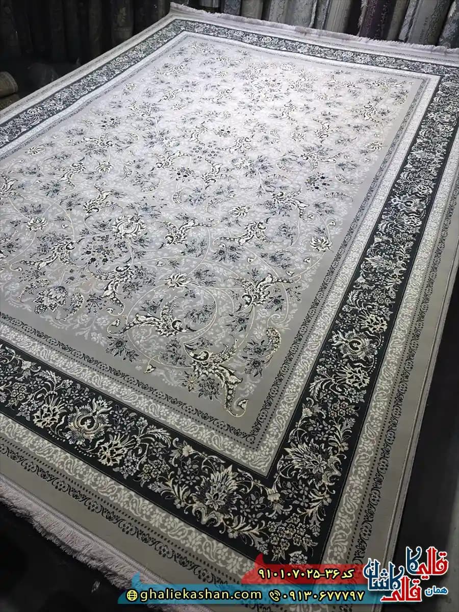 فرش طلاکوب 700 شانه طرح افشان کاخ رنگ طوسی نقره ای کاشان — تصویر ۲