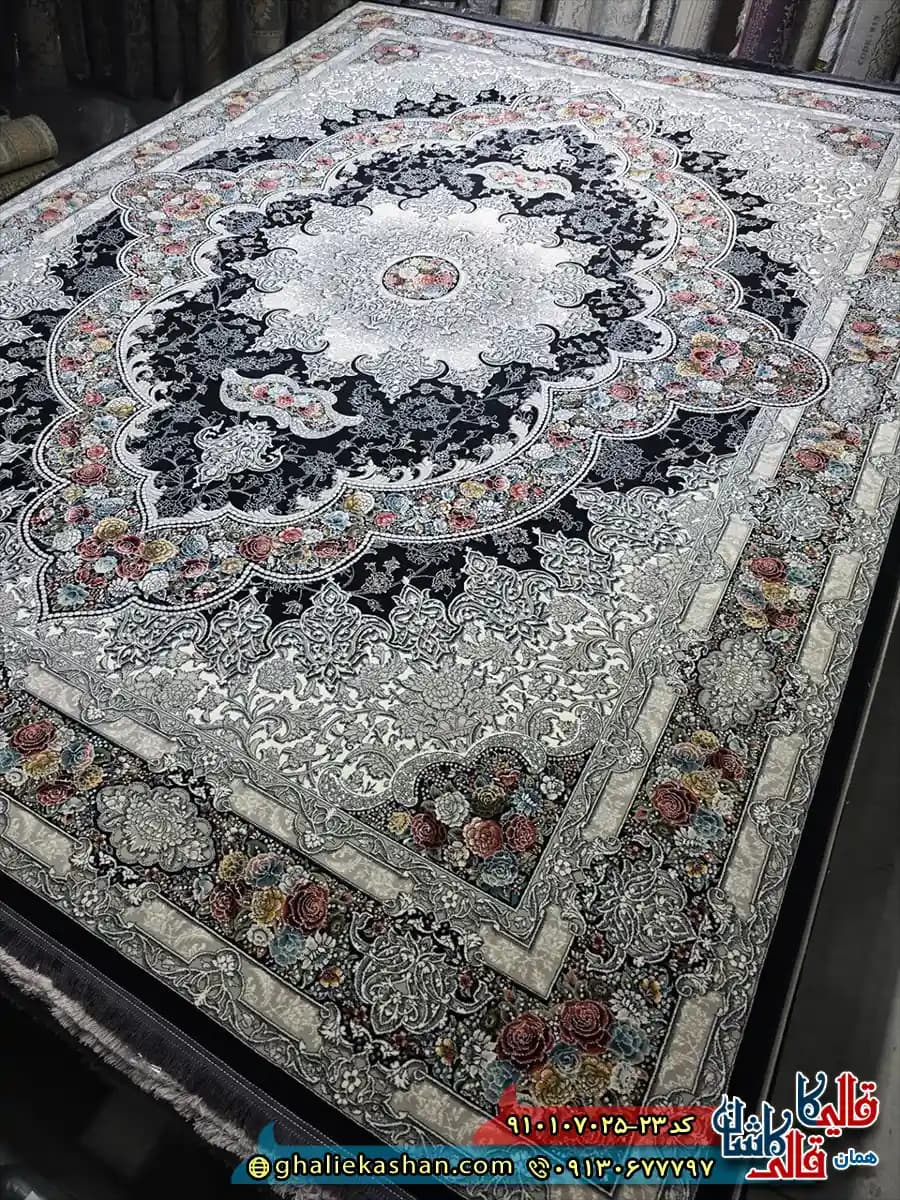 فرش کلاسیک 700 شانه طرح آروانا رنگ سرمه ای مشکی کاشان