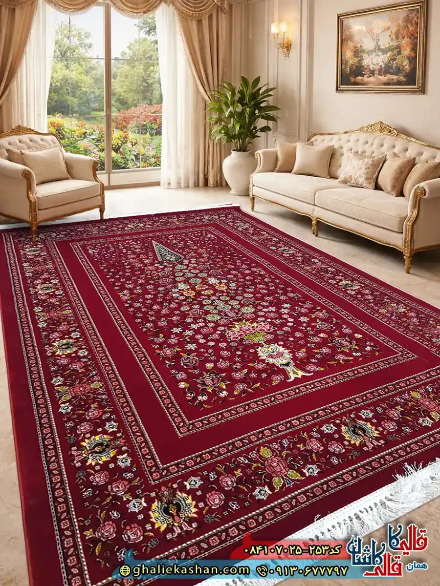 فرش سنتی 700 شانه طرح افشان باغ گل رنگ قرمز روناسی کاشان