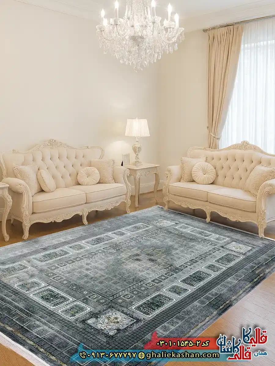 فرش وینتیج خشتی 1500 شانه طرح افشان مارگاریت رنگ طوسی دودی کاشان