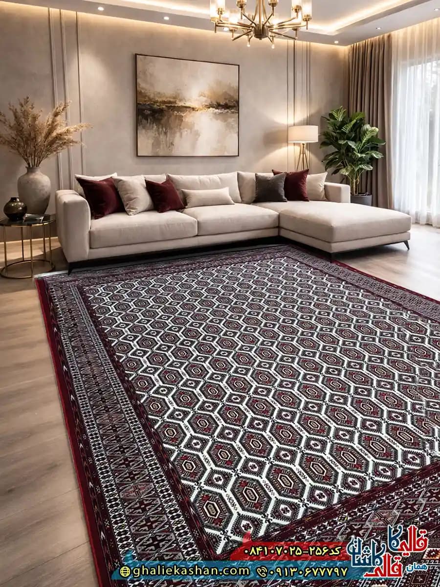 فرش 700 شانه طرح افشان بازوبندی رنگ کرم کاشان
