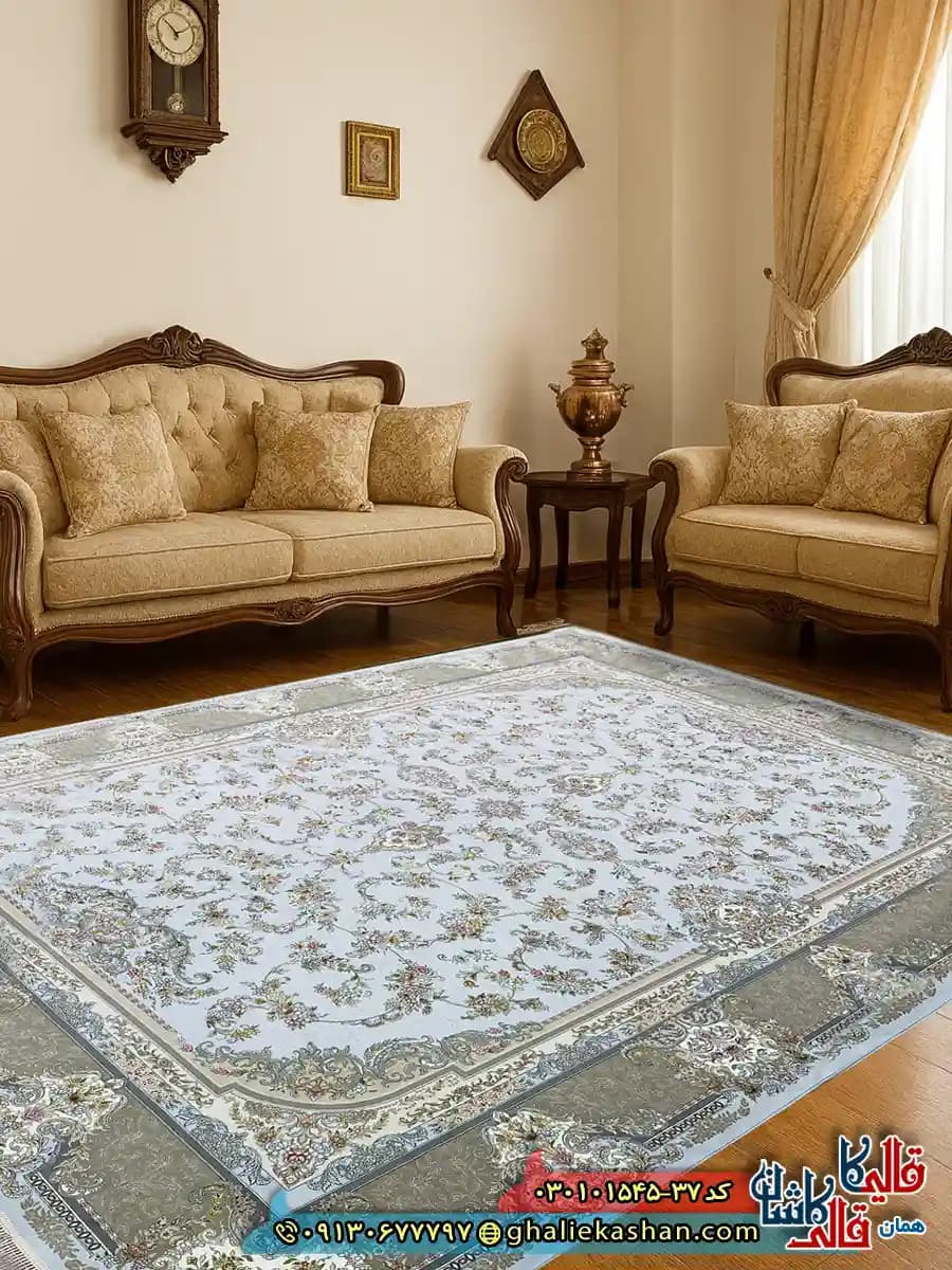 فرش 1500 شانه طرح افشان مهرسا رنگ آبی الماسی کاشان