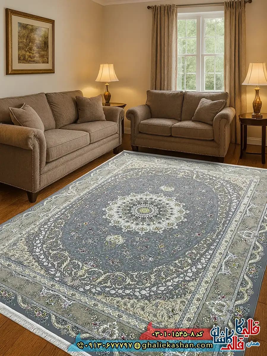 فرش 1500 شانه طرح ایلار رنگ طوسی کاشان