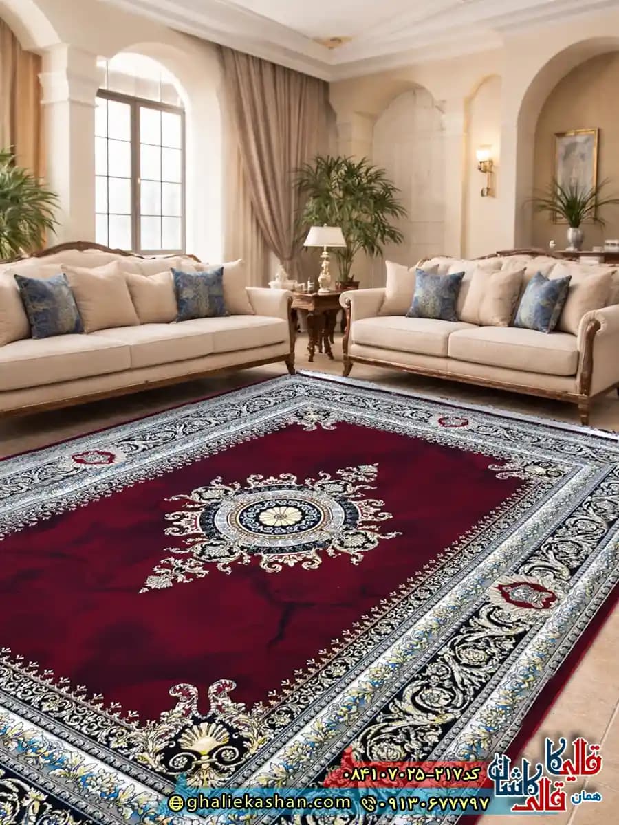 فرش 700 شانه طرح ورساچه ژیوا رنگ قرمز روناسی کاشان