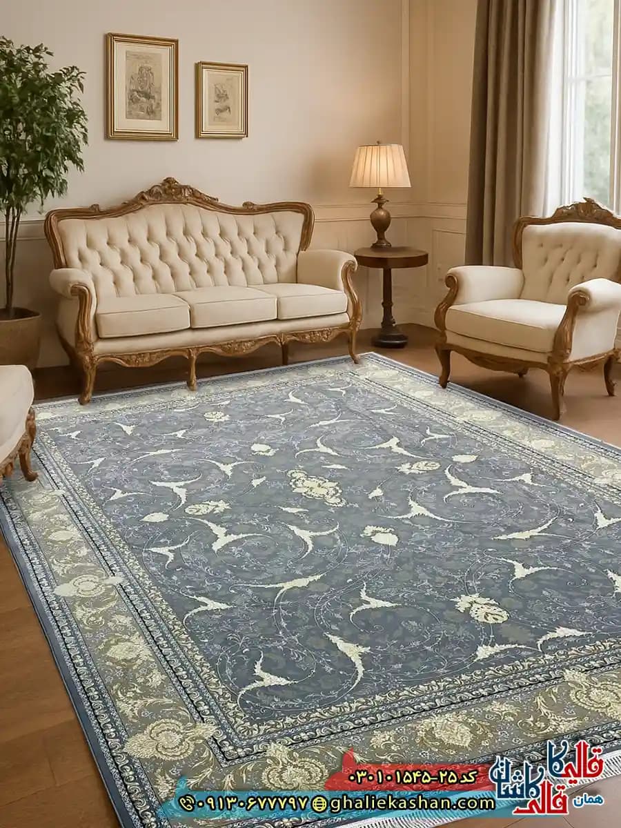 فرش 1500 شانه طرح افشان ژیوا رنگ طوسی کاشان