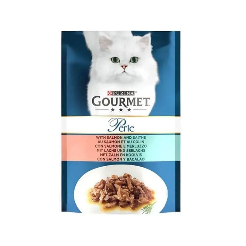 پوچ گربه گورمت با طعم ماهی سالمون و سایته وزن 85 گرم