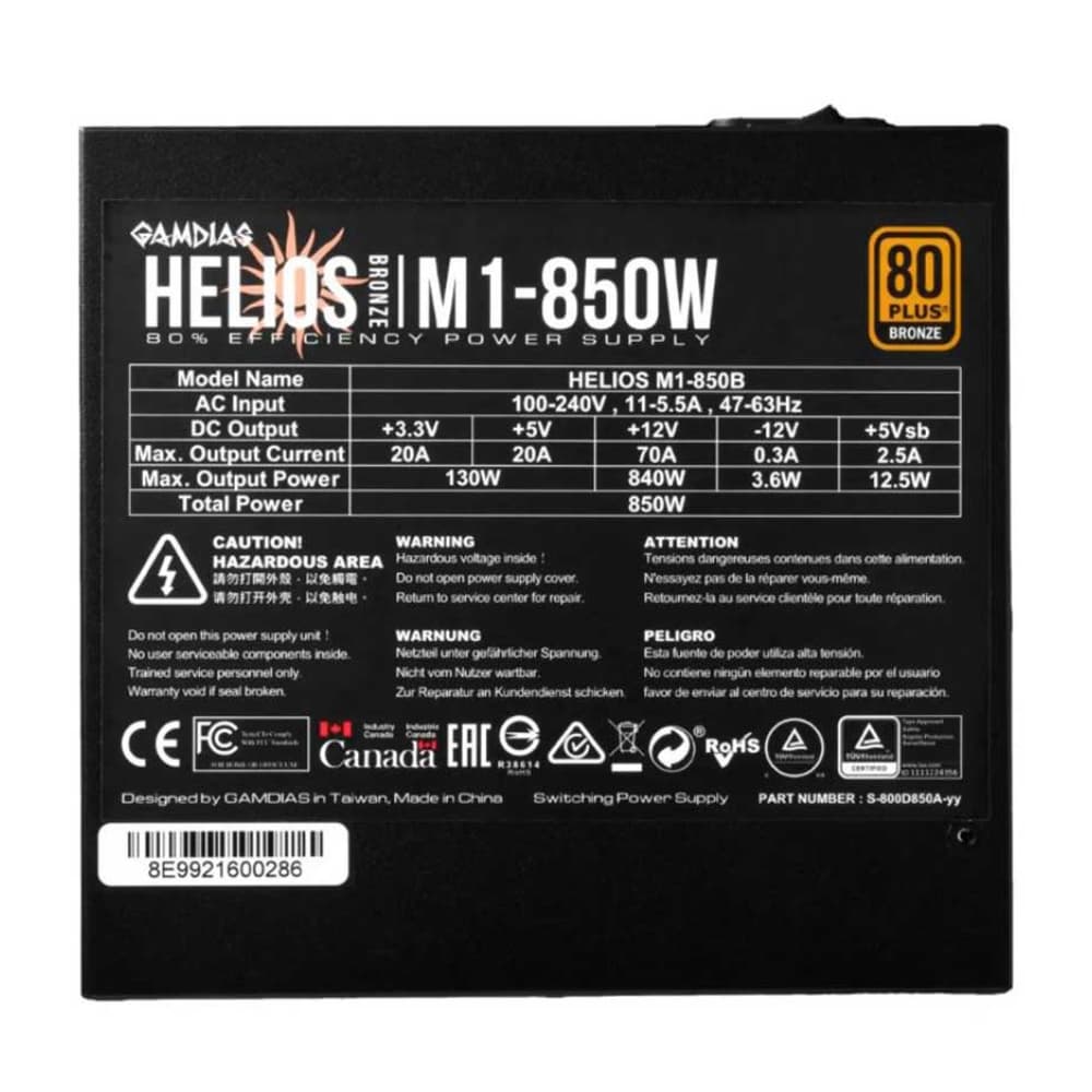 منبع تغذیه کامپیوتر گیم دیاس مدل Gamdias HELIOS M1a-850B کارکرده — تصویر ۲