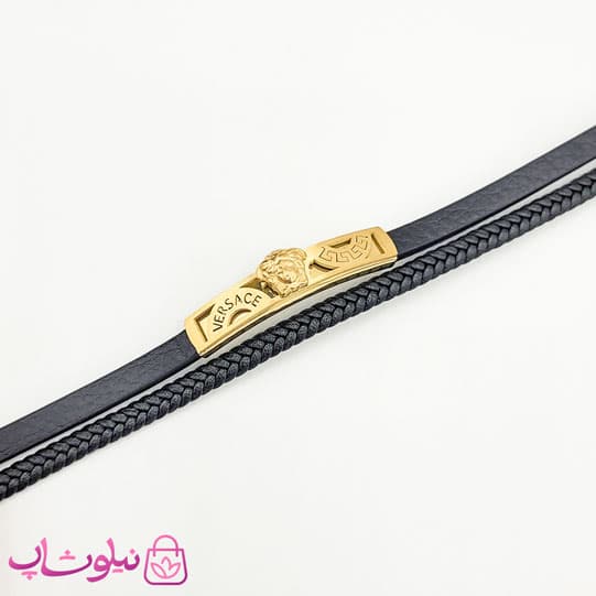 دستبند مردانه چرم و استیل مدل ورساچه برجسته کد 1188 — تصویر ۳