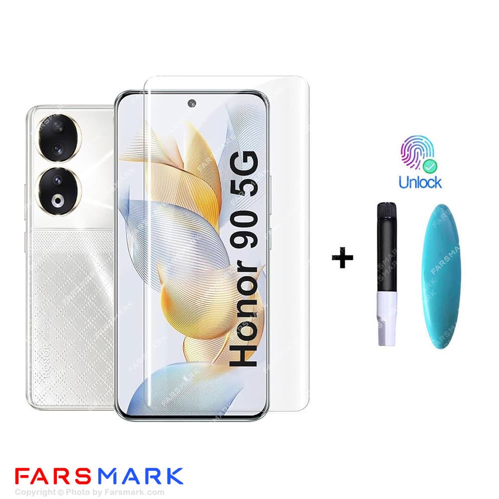 گلس تمام صفحه یووی شفاف Honor 90 با چسپ UV