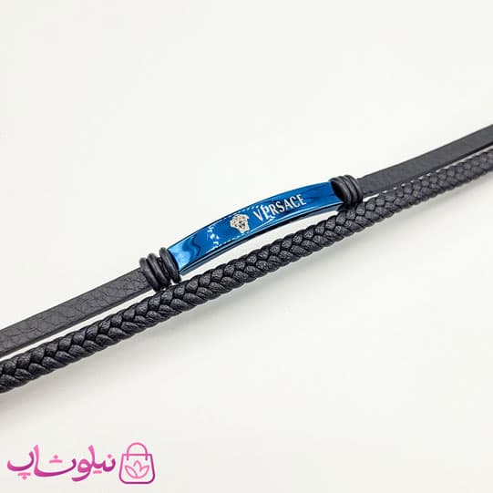 دستبند پسرانه چرم و استیل مدل ورساچه آبی کد 1188 — تصویر ۳