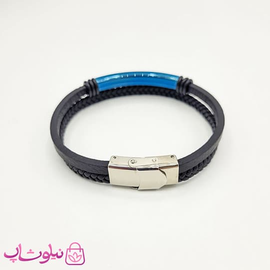 دستبند پسرانه چرم و استیل مدل ورساچه آبی کد 1188 — تصویر ۲