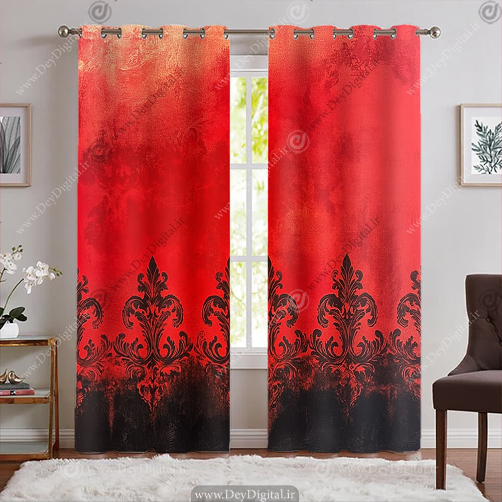 پرده چاپی طرح سنتی جدید مشکی و قرمز HQ-3470