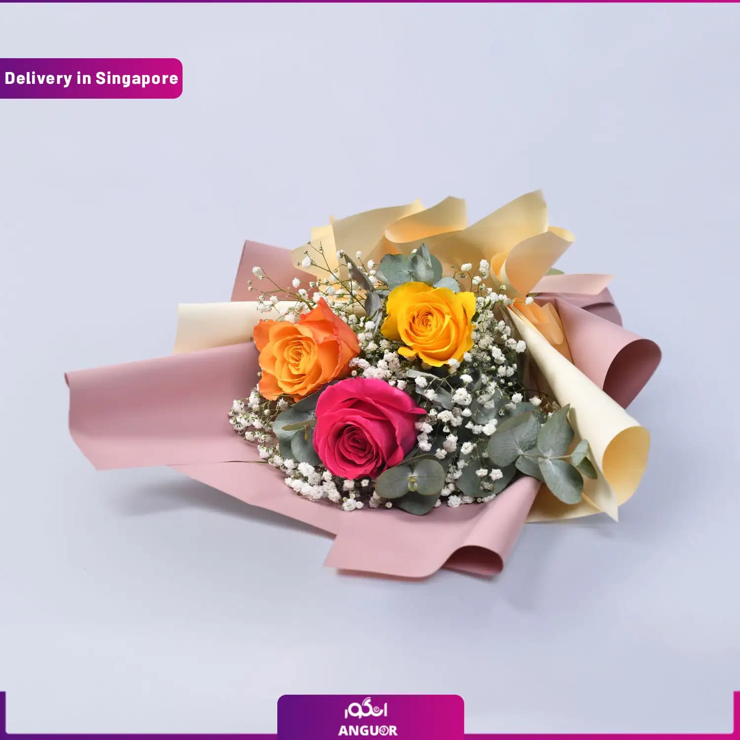 دسته گل رز سه شاخه رنگی (ارسال گل به سنگاپور) — تصویر ۲