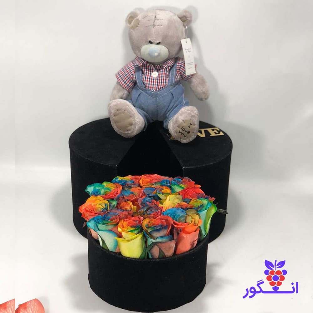 باکس گل سورپرایزی رز هفت رنگ با عروسک