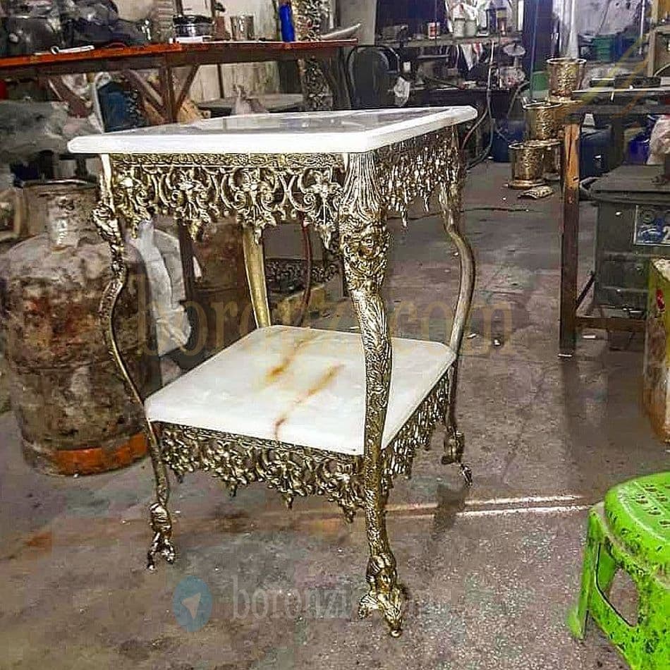 میز تلفن برنزی دو طبقه مربع