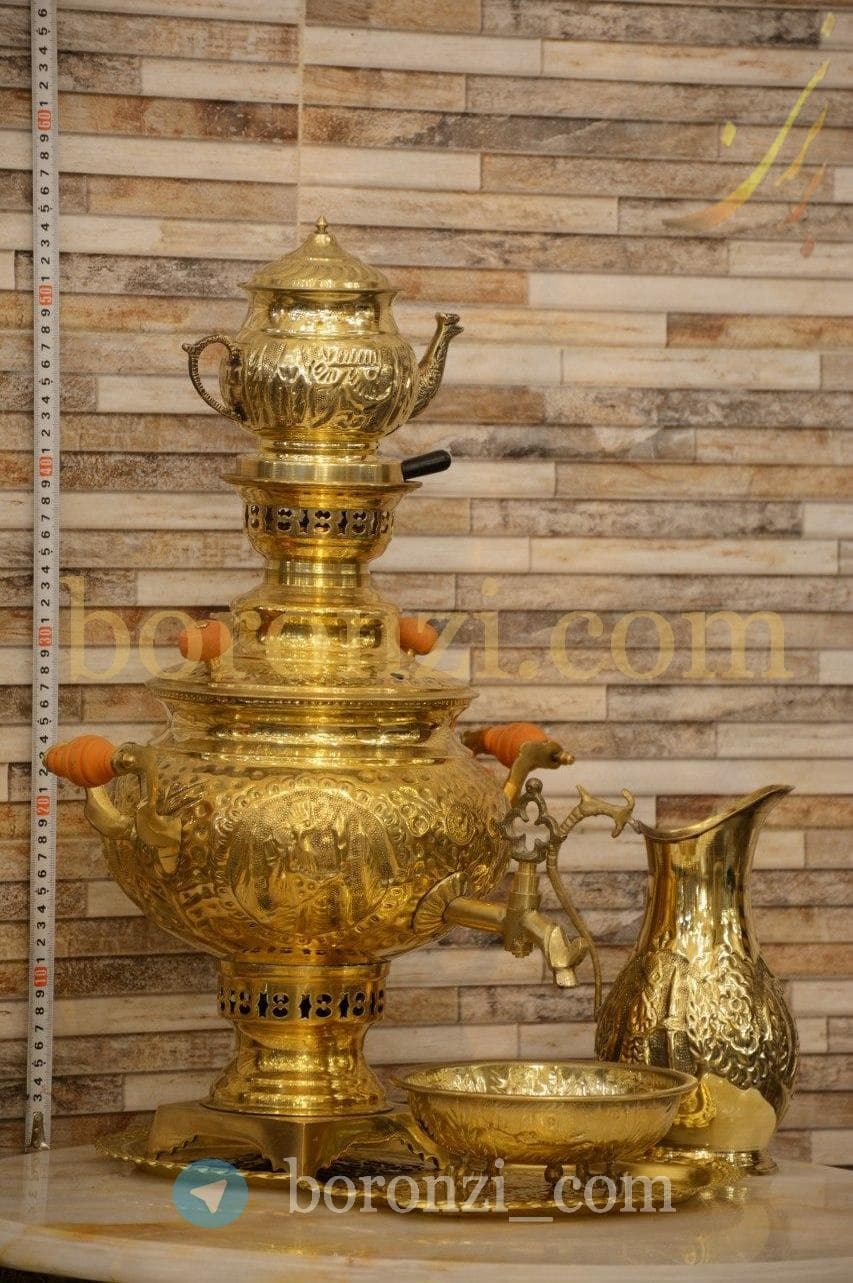 سماور ۶ لیتری ذغالی عدسی قلمزنی زرد 2