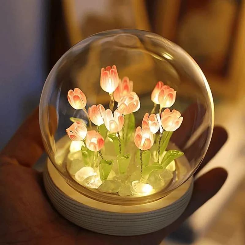 چراغ خواب گوی لاله شیشه ای با پایه چوبی