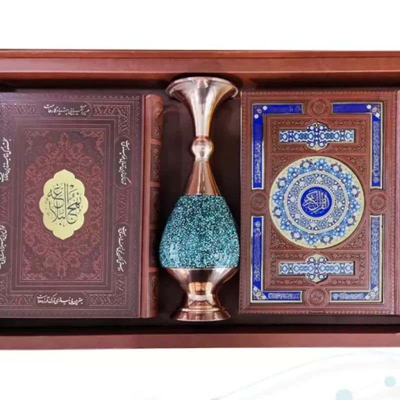 قرآن و نهج البلاغه وزیری چرم با گلدان بزرگ فیروزه — تصویر ۳